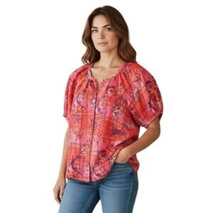 SUNDANCE Women’s Boho Peasant Style Puff Short Sleeve Floral Plaid Top